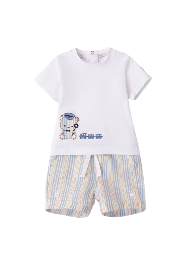 Set 2 Piese, Tricou Alb si Pantaloni Scurti din In Bleu cu Dungi pentru Baietei 8674 Minibanda - Camera Bebelusului