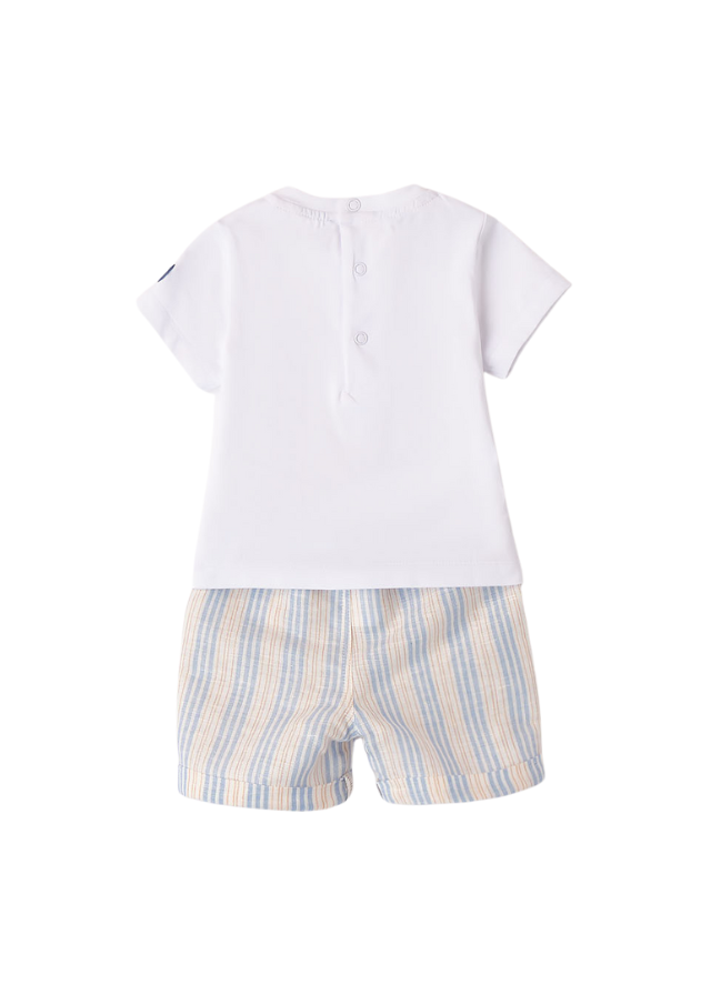 Set 2 Piese, Tricou Alb si Pantaloni Scurti din In Bleu cu Dungi pentru Baietei 8674 Minibanda - Camera Bebelusului