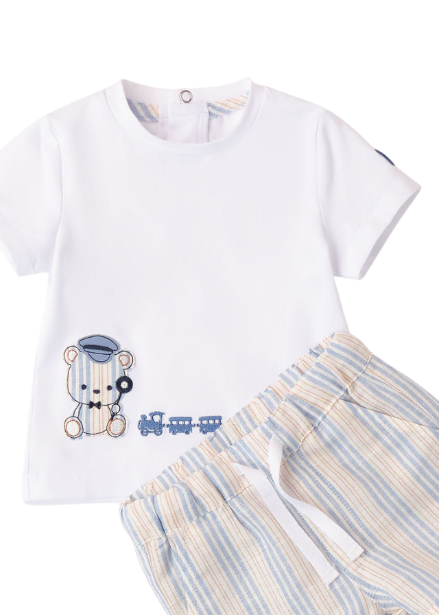 Set 2 Piese, Tricou Alb si Pantaloni Scurti din In Bleu cu Dungi pentru Baietei 8674 Minibanda - Camera Bebelusului