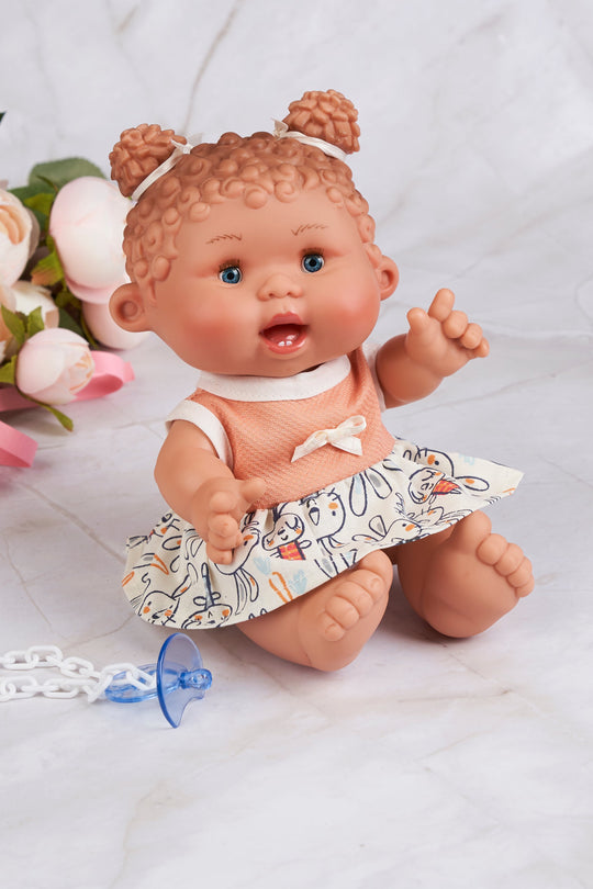 Papusa Parfumata cu Rochie Somon cu Iepuri cu Doua Codite, 26 cm 0434 Pepotes Original Nines