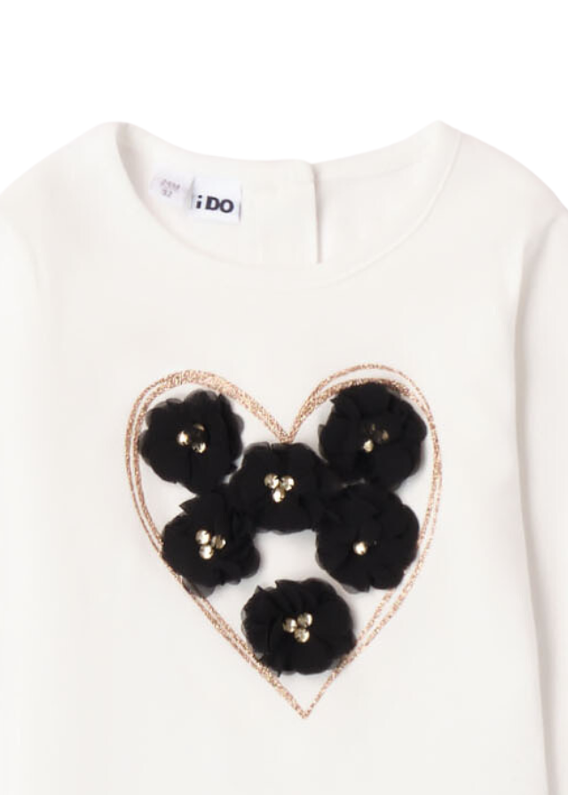 Bluza Crem pentru Fetite, cu Maneca Lunga si Aplicatii Florale Negre 7580 iDO - Camera Bebelusului