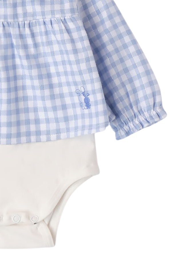 Camasa tip Body pentru Fetite, cu Maneca Lunga cu Guler si Patratele Bleu 7187 iDO - Camera Bebelusului
