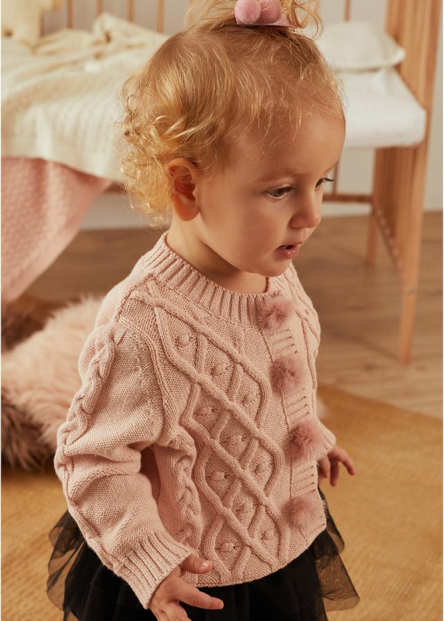 Cardigan Tricotat pentru Fetite, Roz cu Ciucuri la nasturi 21053 Patique - Camera Bebelusului