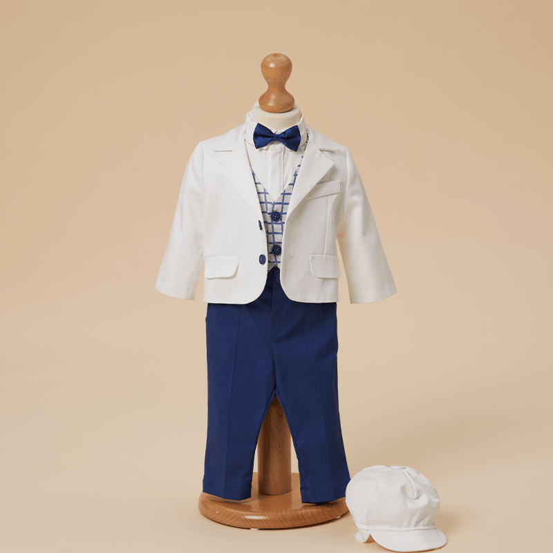 Costum Benedict Sacou Crem Vesta Patratele Albastre Elegant Baieti AnneBebe - Camera Bebelusului