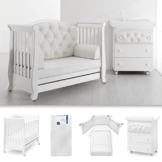 Pachet 4 piese Patut + Saltea + Set Protectie + Comoda Soft Buttoni