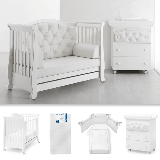 Pachet 4 piese Patut + Saltea + Set Protectie + Comoda Soft Cristale