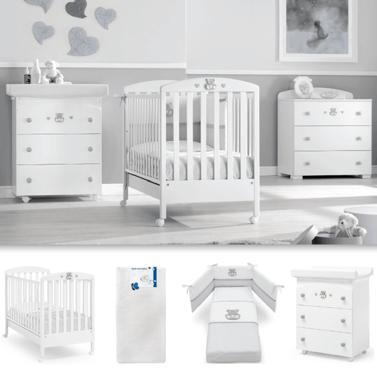 Pachet 4 piese Patut + Saltea + Set Textil Protectie + Comoda Charly