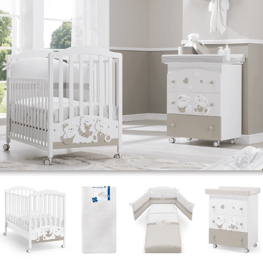 Pachet 4 piese Patut + Saltea + Set Textil Protectie + Comoda Mirtillo cu ursuleti