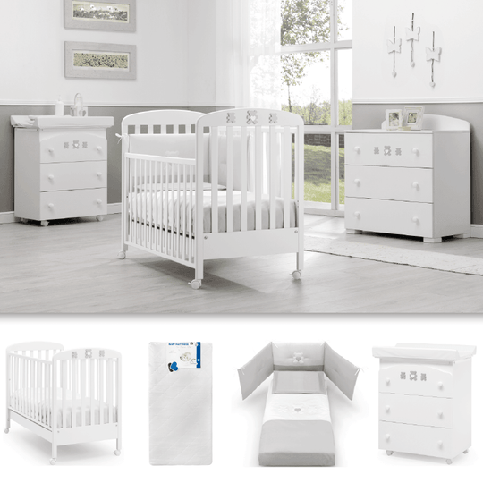 Pachet 4 piese Patut + Saltea + Set Textil Protectie + Comoda Molly