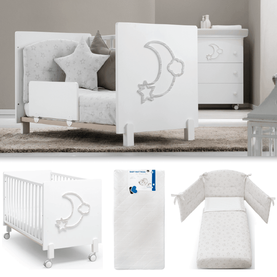Pachet mobila 3 piese Little Moon Patut + Saltea + Set Textil Protectie