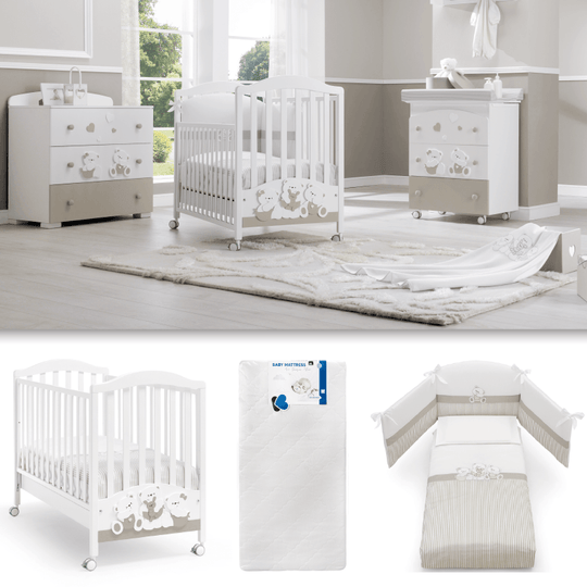 Pachet mobila 3 piese Patut + Saltea + Set Textil Protectie Mirtillo cu ursuleti