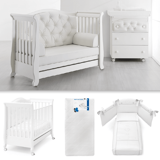 Pachet mobila 3 piese Patut + Saltea + Set Textil Protectie Soft Buttoni