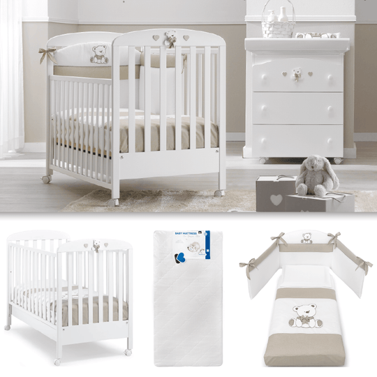 Pachet mobila 3 piese Patut + Saltea + Set Textil Protectie Tatino