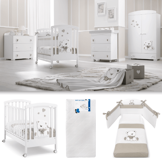 Pachet Tato Patut din 3 piese Patut + Saltea + Set Textil Protectie Tato Ursulet Roz Bleu Bej Gri