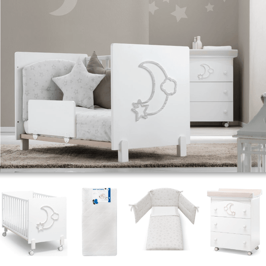 Pachet mobila 4 piese Little Moon Patut + Saltea + Set Textil Protectie + Comoda