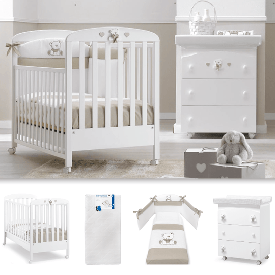 Pachet mobila 4 piese Patut + Saltea + Set Textil Protectie + Comoda Tatino