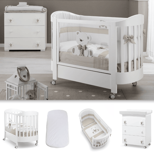 Pachet Tato Patut Oval 4 piese Patut + Saltea + Set Textil Protectie + Comoda Ursulet Roz Bleu Bej Gri