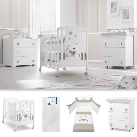 Pachet mobila 4 piese Patut + Saltea + Set Textil Protectie Tato + Comoda