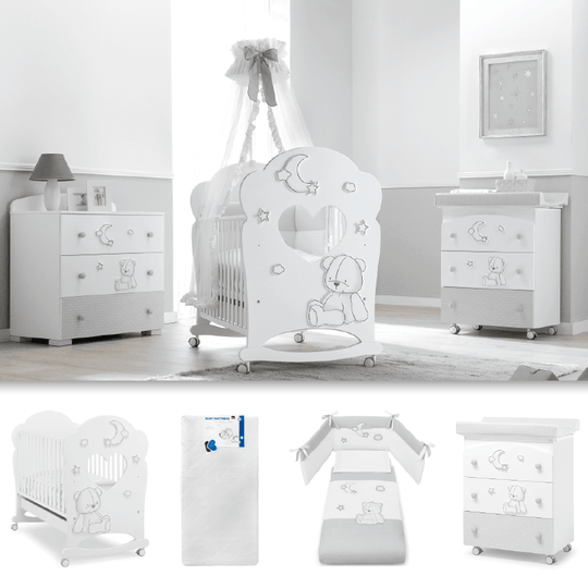 Pachet mobila 4 piese Stella Oblo Patut + Saltea + Set Textil Protectie + Comoda