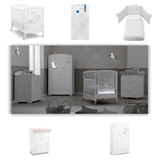 Furniture package 5 pieces Moon Bed + Mattress + Textile Protection Set + Chest of drawers + Wardrobe 