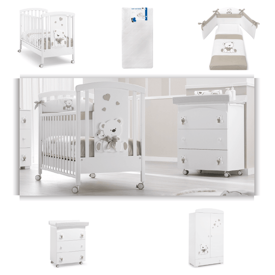 Pachet mobila 5 piese Patut + Saltea + Set Textil Protectie Tato + Comoda + Dulap