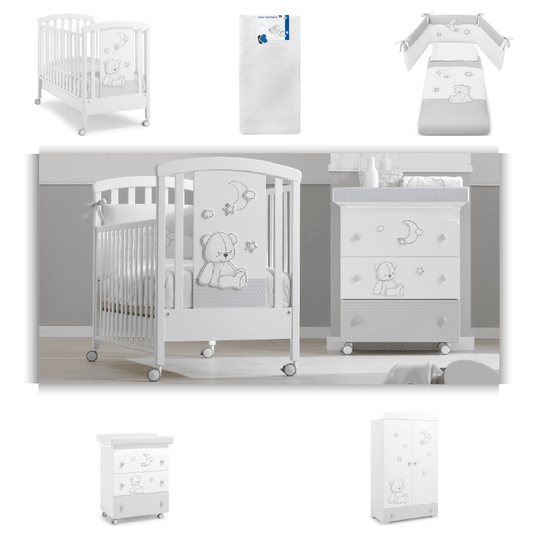 Pachet mobila 5 piese Stella Patut + Saltea + Set Textil Protectie + Comoda + Dulap