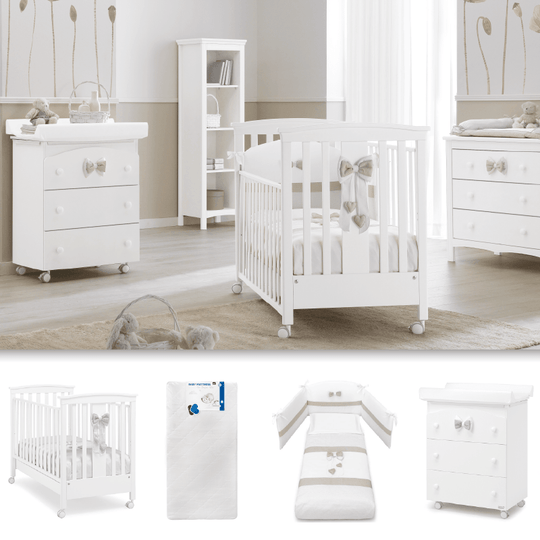 Pachet mobila Lilli 4 piese Patut + Saltea + Set Textil Protectie + Comoda