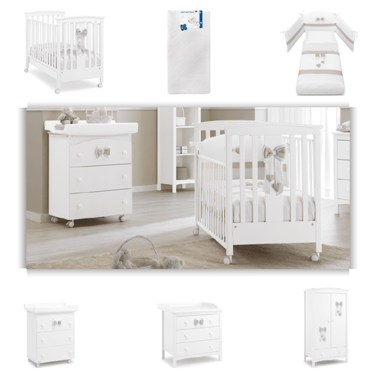 Pachet mobila Lilli 6 piese Patut Saltea Set Textil Protectie Comoda Cabinet Dulap