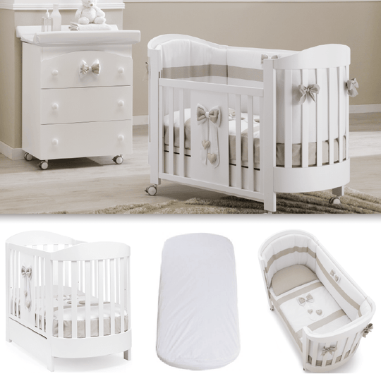 Pachet Patut Oval Lilli cu fundite din 3 piese Patut + Saltea + Set Textil Protectie Elegant