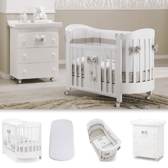 Pachet Patut Oval Lilli cu fundite din 4 piese Patut + Saltea + Set Textil Protectie+ Comoda Masa infasat