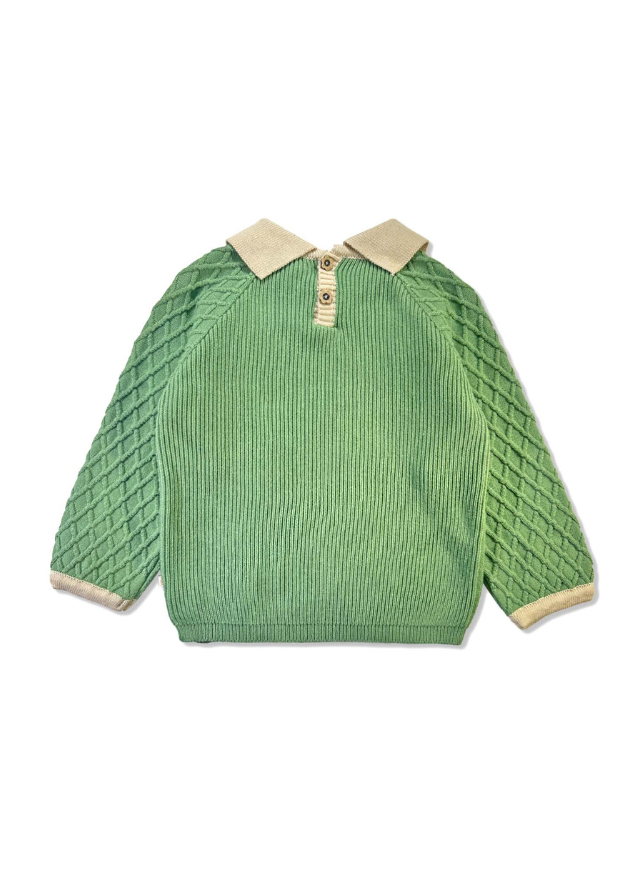 Pulover din Bumbac pentru Fetite, Verde cu Guler si Volane Bej 21172 Patique - Camera Bebelusului