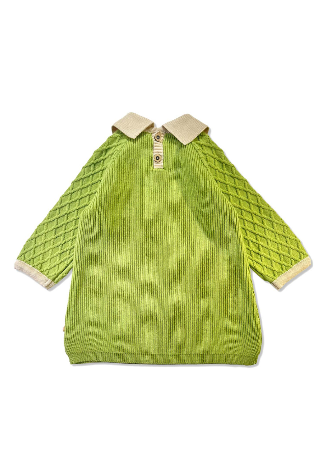 Rochie Tricotata din Bumbac, Verde cu Maneca Lunga si Guler Bej 21173 Patique - Camera Bebelusului