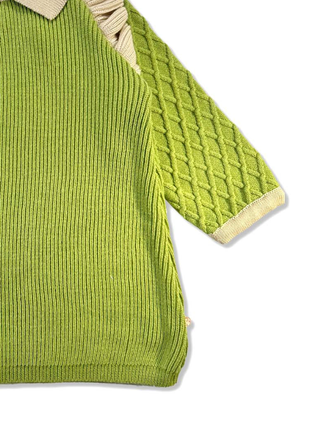 Rochie Tricotata din Bumbac, Verde cu Maneca Lunga si Guler Bej 21173 Patique - Camera Bebelusului