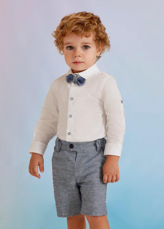 Set 2 Piese Camasa Alba Cu Papion & Pantaloni Scurti Bleumarin Pepit Baietei 5227 Abel & Lula