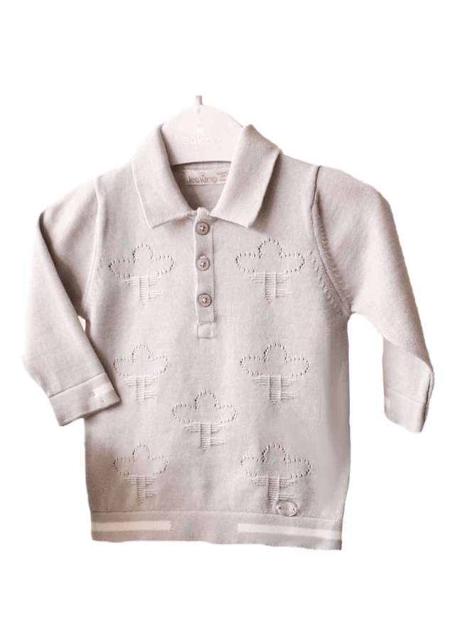 Set 3 Piese Bluza Tricotata cu Guler Pantaloni si Fes Gri Bumbac 10817 Leo King - Camera Bebelusului