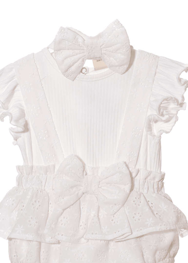 Set 3 Piese Ivory Salopeta Scurta Broderie Bumbac Tricou & Bentita M0528 - Camera Bebelusului